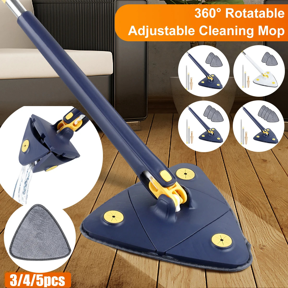 Telescopic Triangle Mop 360° Rotatable Selfwringing Extended Adjustable Floor Squeeze Free Hand Washing Lazy Tool 240904