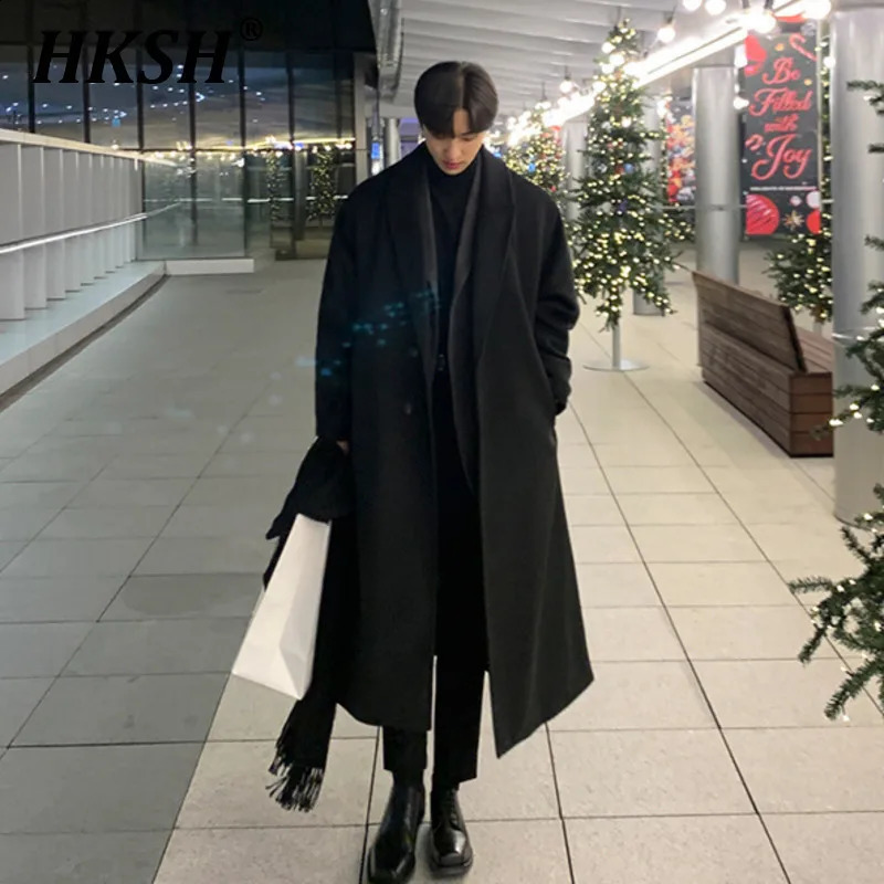 HKSH Autumn Winter Korean Trendy Mens Loose Casual Windbreaker Single-breasted Overcoat Fashion Woolen Long Trench HK2297 240903