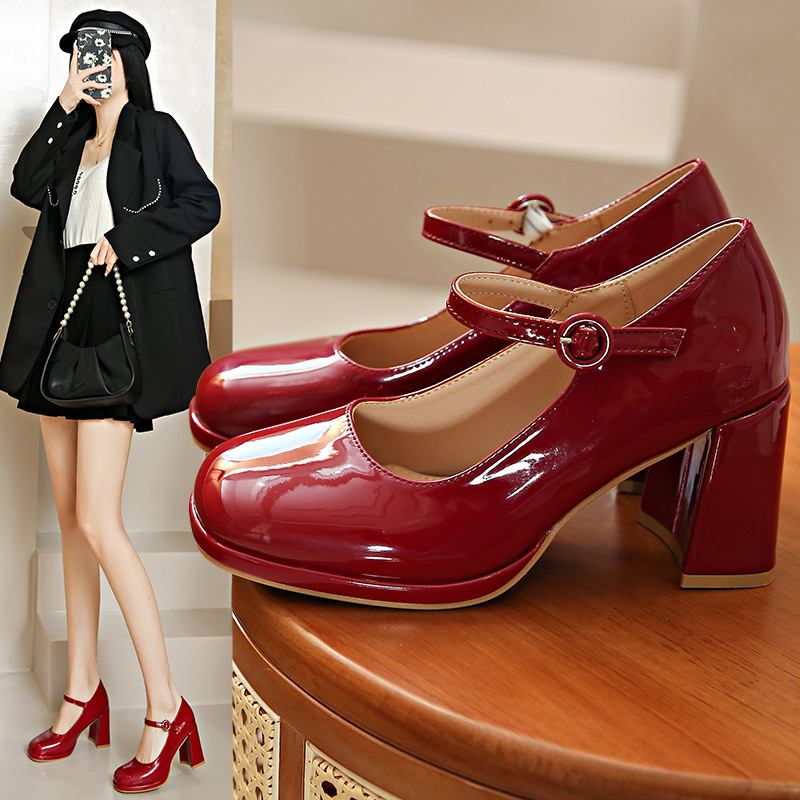 Dress shoes Classic Mid heeled boat shoe Designer shoe Belt Thick heel high heels Tassels Round head Metal Button women shoes Large size 34-41-42 us3-