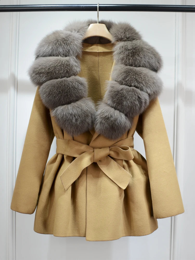 Janveny wool coat womens 2024 autumn and winter cashmere coat real fox fur collar womens elegant belt jacket 240909