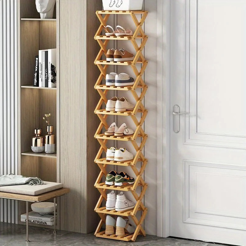 Folding Bamboo Shoe Rack Multi-Layer Narrow Space Saving Storage Organizer No-Installation Required Shoe Shelf for Small Spaces 240906