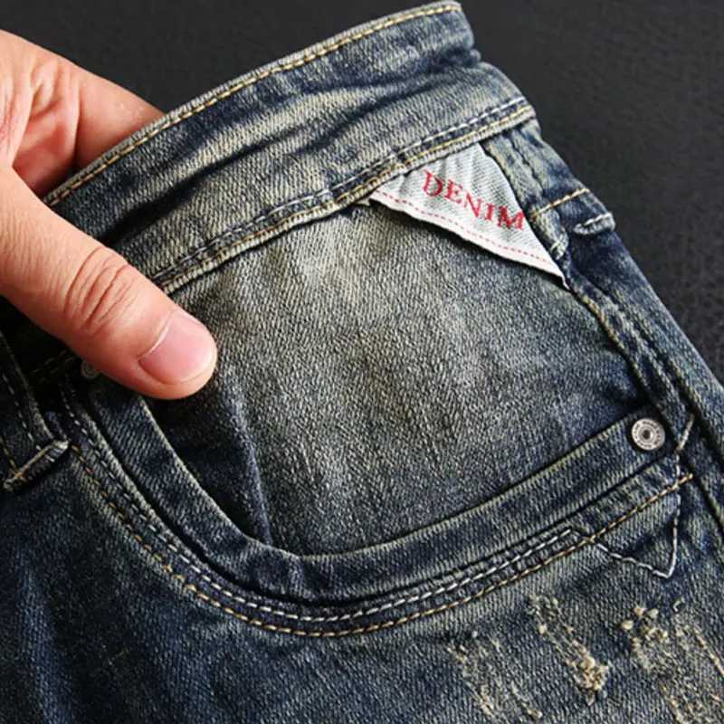 Fashion designer mens jeans retro washed blue stretch slim fit open top jeans mens classic fashion Trouser retro jeans W240907