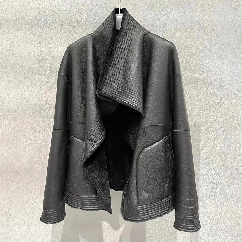 Womens Winter Jacket Genuine Sheepskin Wool Double Sided Leather Natural