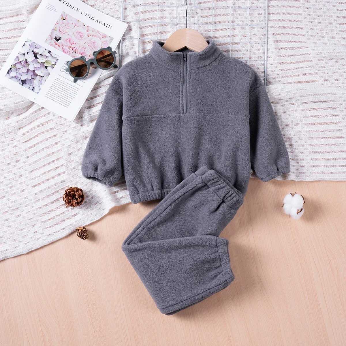 Clothing Sets Winter childrens Set Solid Color Zippered Top And Pants 2-piece Set Comfortable Fabric Childrens Casual Sportswear H241126