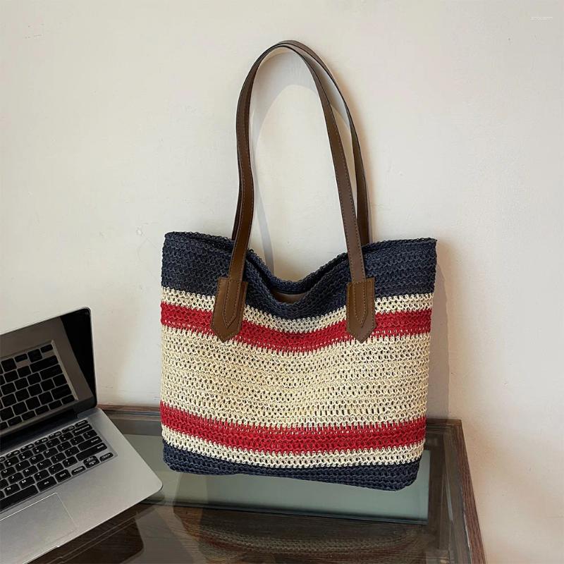 Shoulder Bags Straw Bag For Women Large Capacity Tote Color Strip Handbag Zipper Crossbody Travel Holiday Shopping