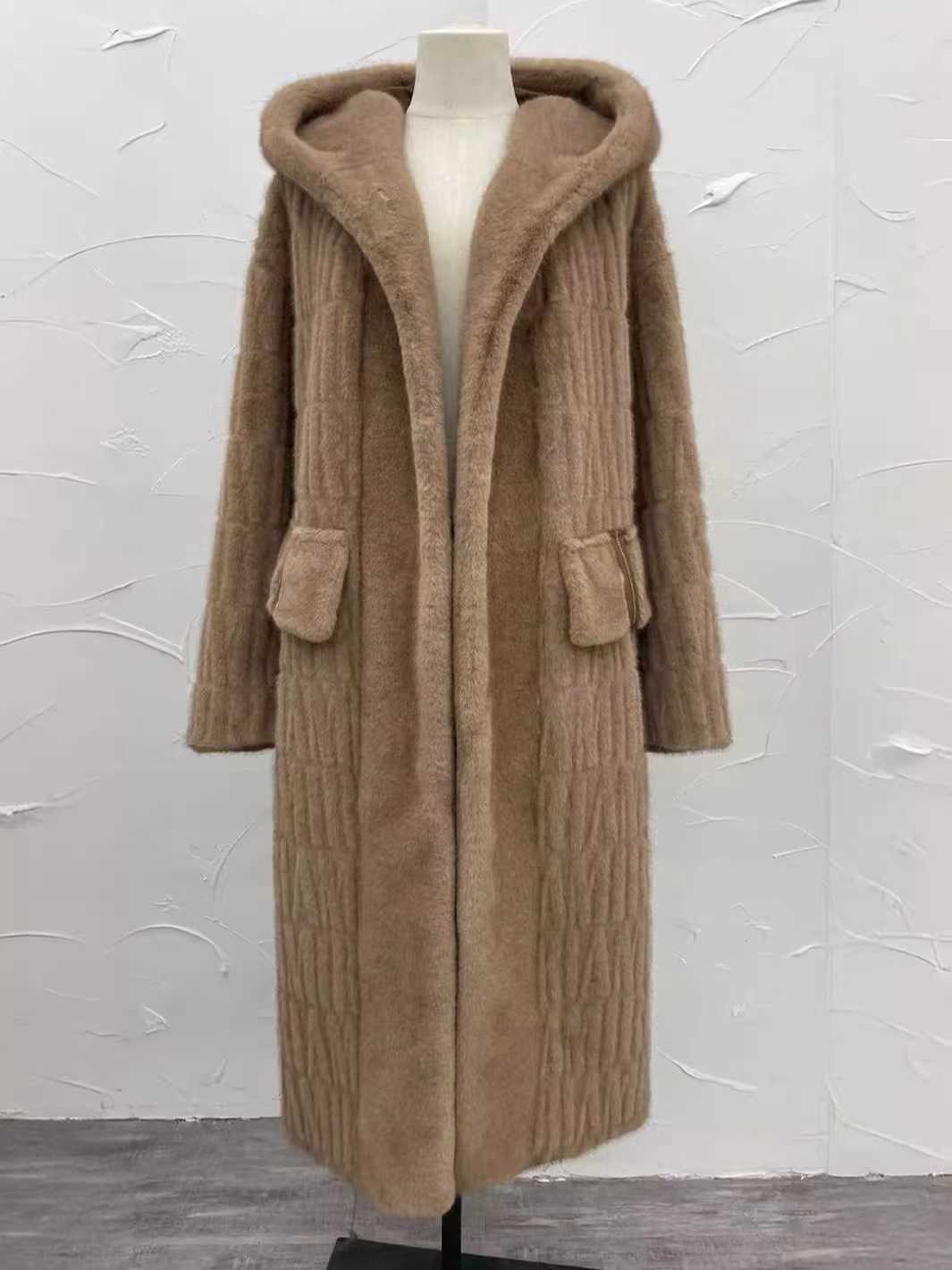 Hooded fur coat Loose slimming long Golden Sable fur onesie 2024 new warm long coat CL240827