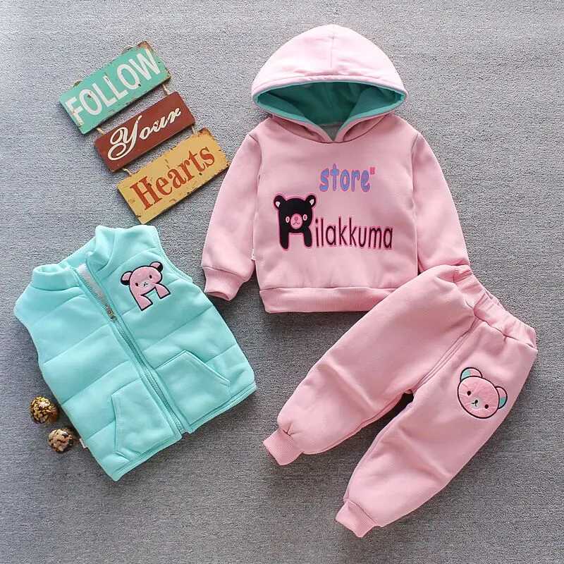 Clothing Sets Autumn Winter Baby Boys Clothes Thick Fleece Cartoon Bear Jacket Vest Pants 3Pcs Cotton Sport Suit For Girls Warm Outfits H241126
