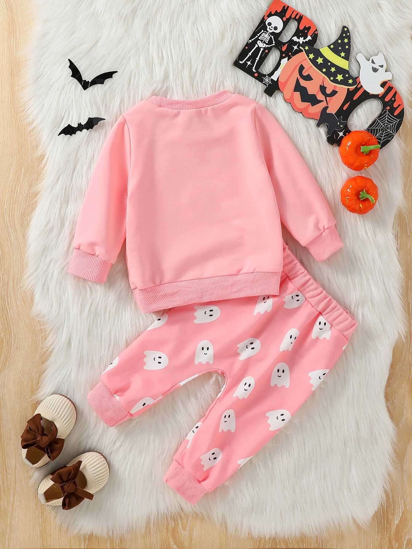 Clothing Sets 2024 2Pcs Baby Autumn/Winter Gilrs Pink Long Sleeve Print Ghost Sweatshirt Set For Halloween Day H241126
