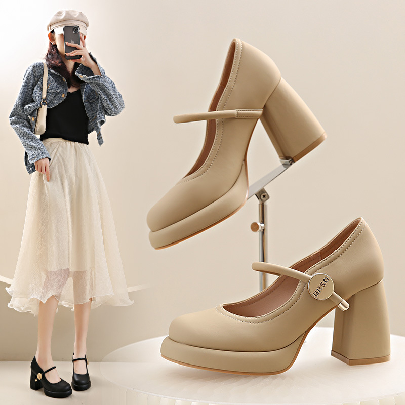 2025 new Dress Classic Mid heeled boat Designer shoe Belt buckle Thick heel high heels Tassels Round head Metal Button women shoes Large
