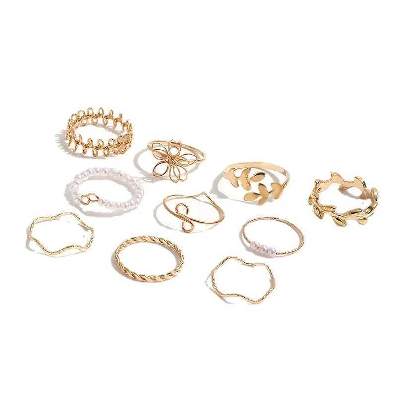 Bohemian style hollow flower wreath simple and smooth vines imitating pearl rings 10 piece setXJ250412