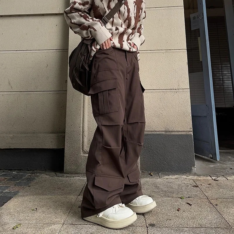 American style street black loose straight leg casual mens multi pocket cargo pants feeling 240909