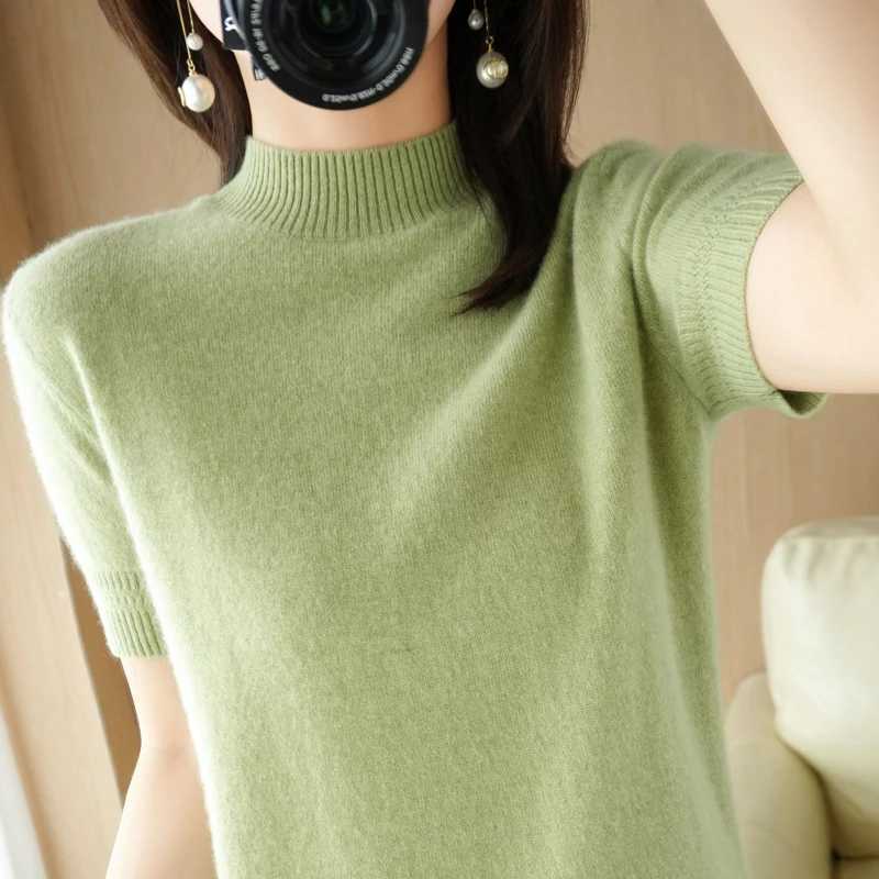 Spring Autumn Women Sweater Casual Warm Bottoming Shirts Mock Neck Basic Knitwear Short Sleeve Pullovers Korean Fashion JumperX2409
