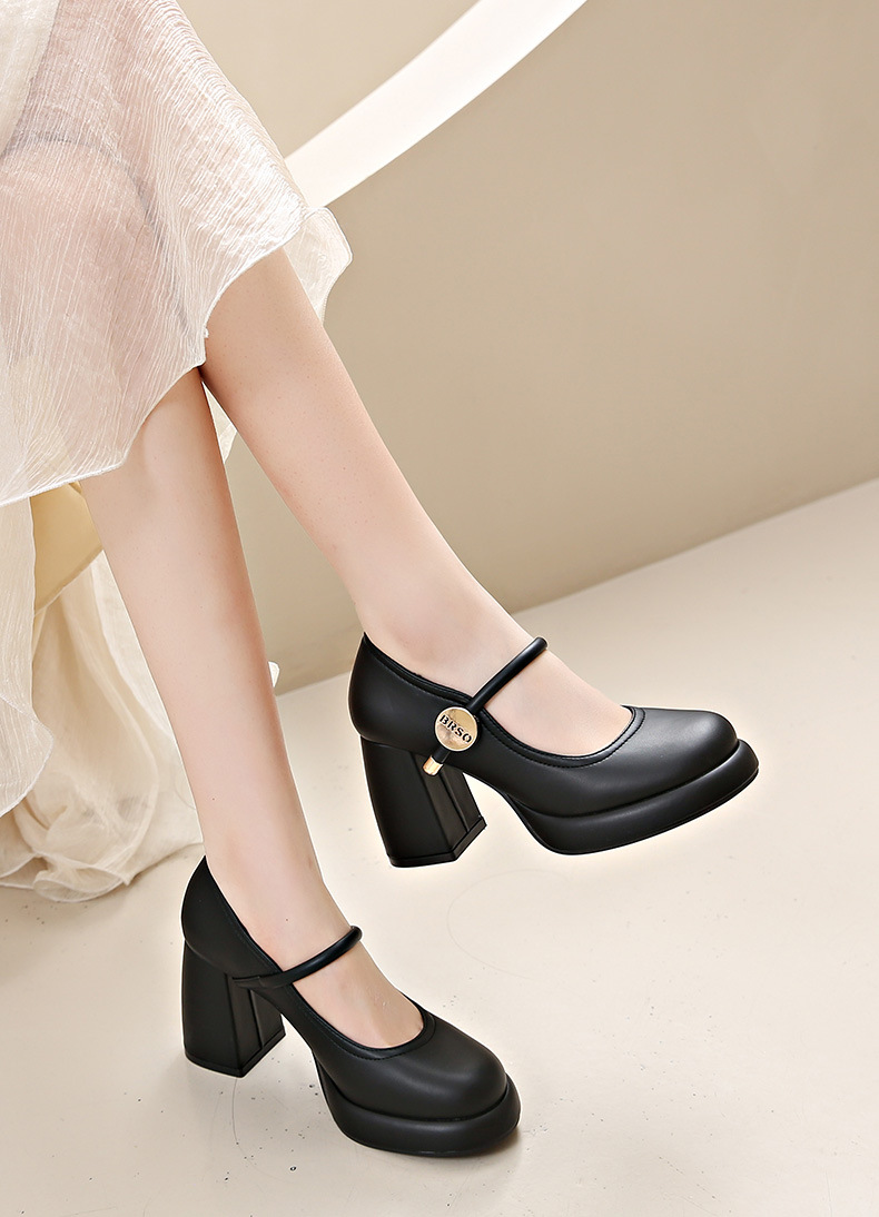 2025 new Dress Classic Mid heeled boat Designer shoe Belt buckle Thick heel high heels Tassels Round head Metal Button women shoes Large