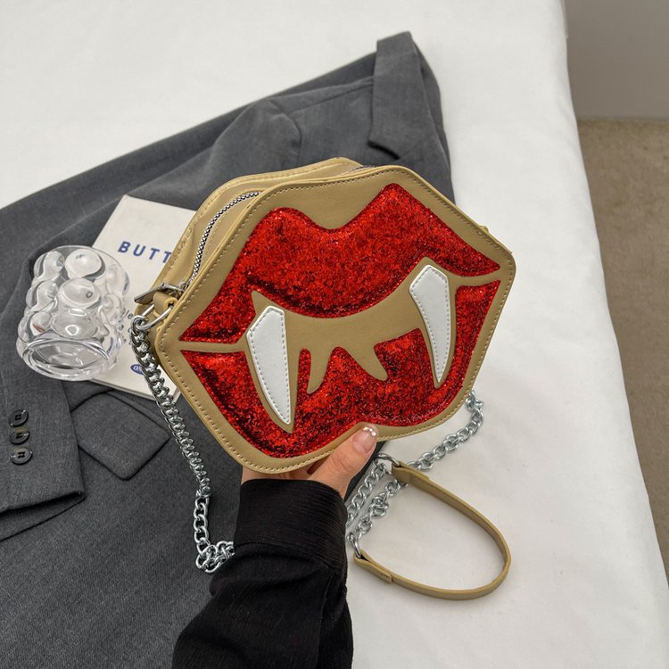 2025 Designer sequined chain New 3 shoulder with contrasting lips crossbody personalized and fashionable travel phone bag