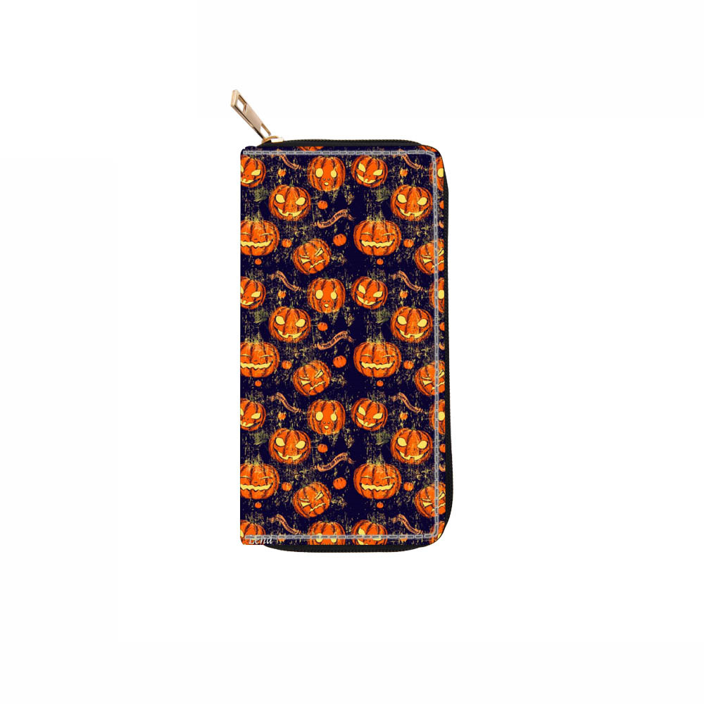 2025 Designer PU Skull 3 Halloween Long Zipper Wallet Pumpkin Handbag Money Clip