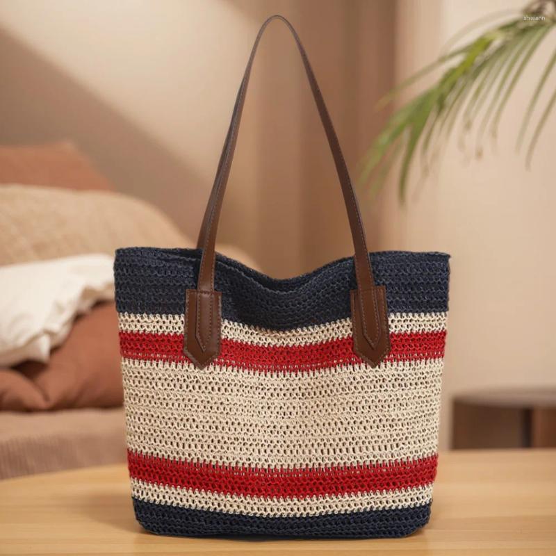 Shoulder Bags Straw Bag For Women Large Capacity Tote Color Strip Handbag Zipper Crossbody Travel Holiday Shopping