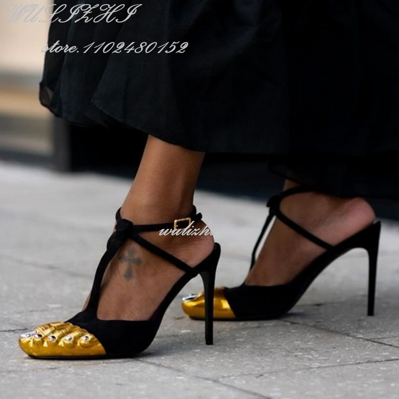 Black Suede Sandals: Gold New Strappy Stilettos, Round Toe, Five-Toe Design, Ankle Straps, Hollow Heels For Women, Summer Hot Catwalk Style