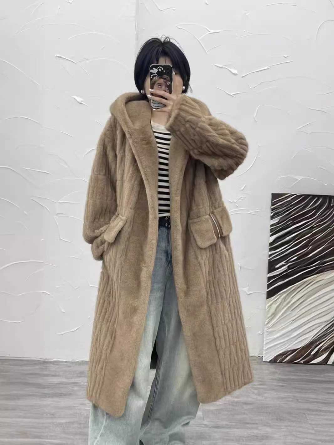 Hooded fur coat Loose slimming long Golden Sable fur onesie 2024 new warm long coat CL240827
