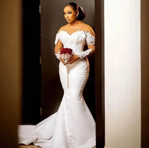 White Bridal Gowns Ivory Wedding Dresses Mermaid Formal Trumpet New Plus Size Custom Lace Up Zipper O-Neck Long Sleeve Satin Applique Beaded Illusion 