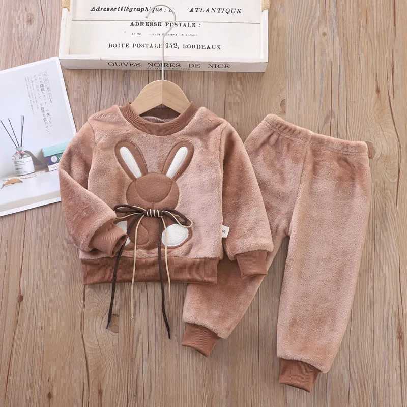 Clothing Sets New Cartoon Mouse Pajama Sets For Baby Boys Girls Winter Plus Velvet Thick Flannel Homewear Children Warm Sleepwear Suit 2Pcs H241126