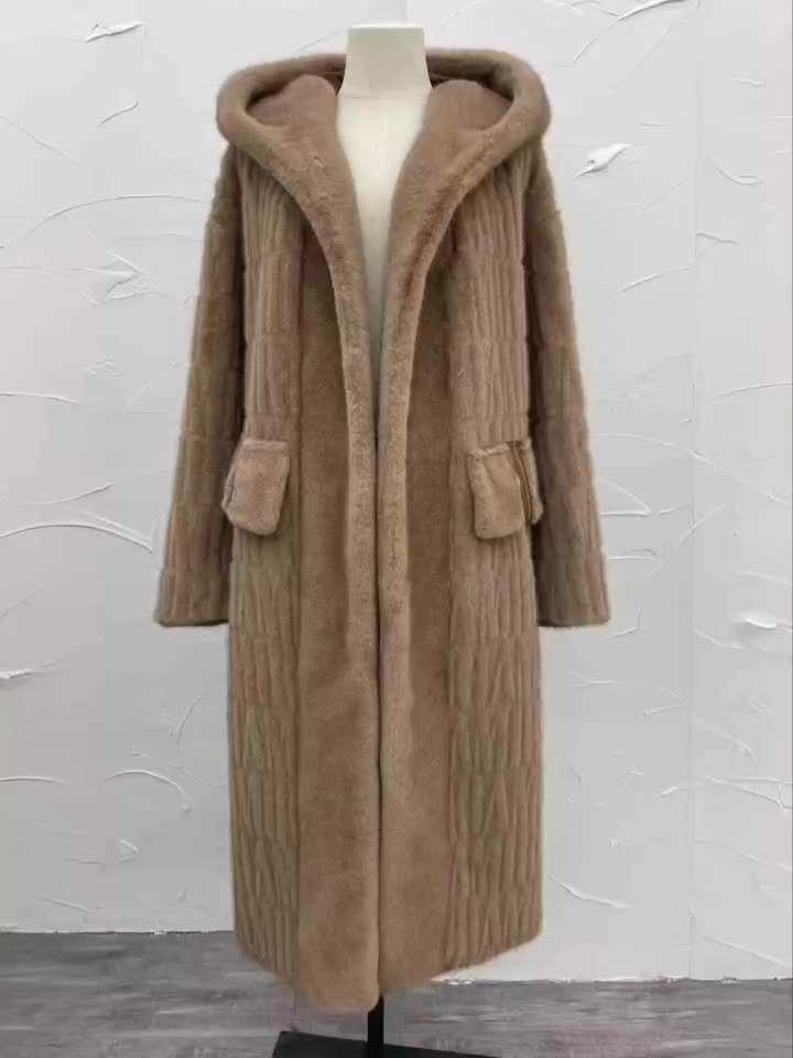 Hooded fur coat Loose slimming long Golden Sable fur onesie 2024 new warm long coat CL240827