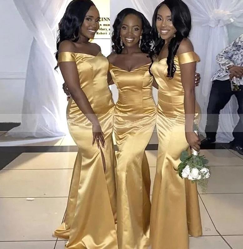 Sexy African Women Mermaid Bridesmaid Dresses Side Slit Off Shoulder Gold Yellow Long Wedding Party Dress Cheap BM2023 0909