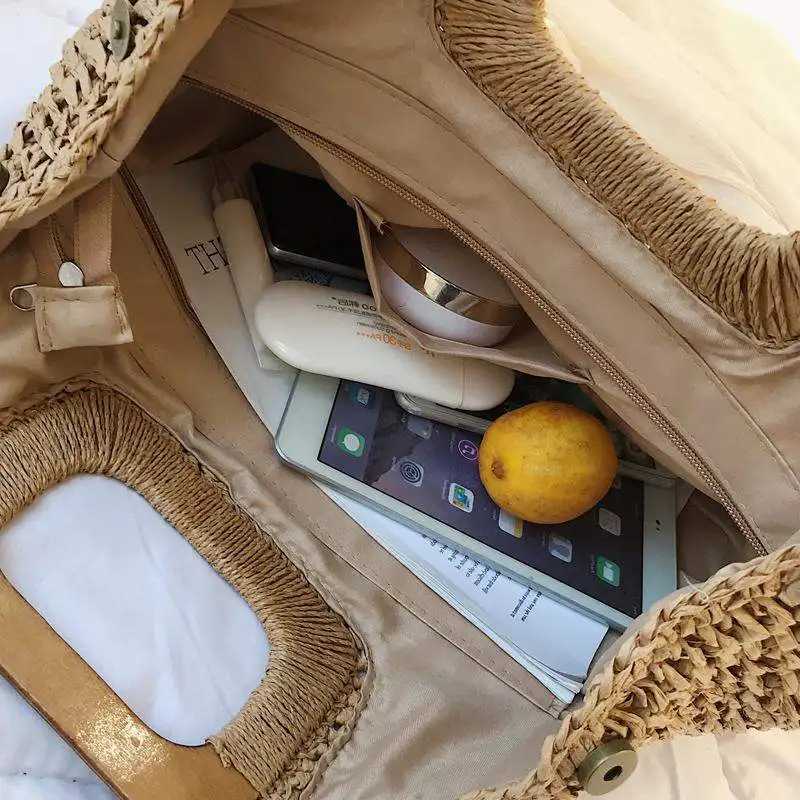 CMM Casual Rattan Large Capacity Tote for Women Wicker Woven Wooden Handbags Summer Beach Straw Bag Lady Big Purses Travel Sac 2024 240909