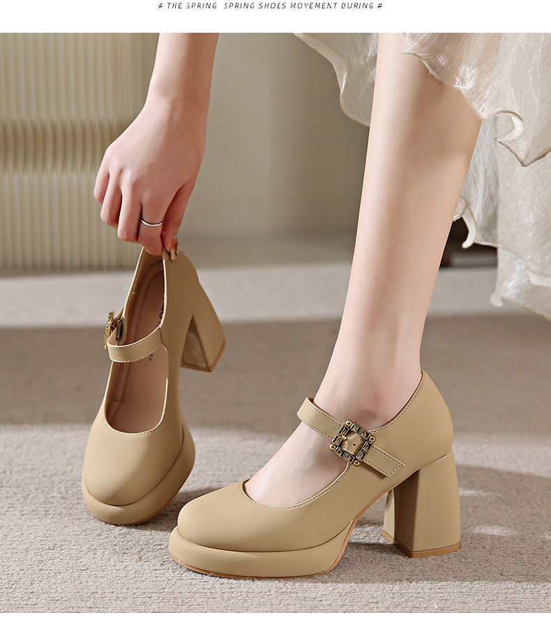 Dress shoes Classic Mid heeled boat shoe Designer shoe Belt buckle Thick heel high heels Tassels Round head Metal Button women shoes Large size 35-40-