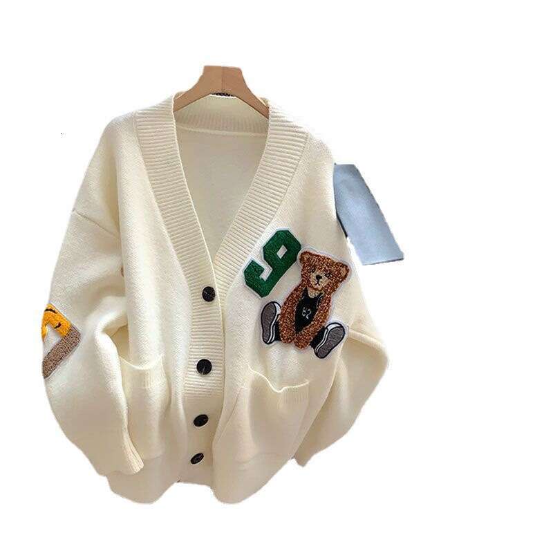 Cartoon teddy bear sweater jacket for women 2023 autumn winter new Korean version lazy style loose and versatile knitted cardigan
