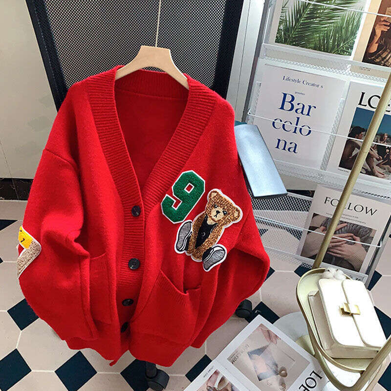 Cartoon teddy bear sweater jacket for women 2023 autumn winter new Korean version lazy style loose and versatile knitted cardigan