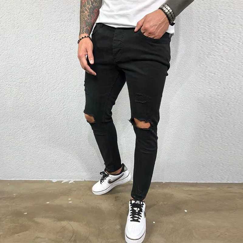 Mens Jeans Knee Hole Ripped Stretch Skinny Denim Pants Solid Color Black Blue Autumn Summer Hip-Hop Style Slim Fit Trousers S-4XL X250227