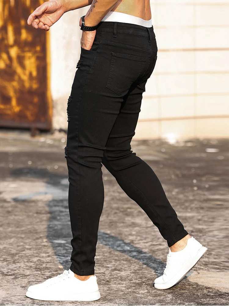 Mens Strt cracked jeans pure black elastic tight fitting pencil pants boyfriend club clothing denim Ropa Hombre X2410261