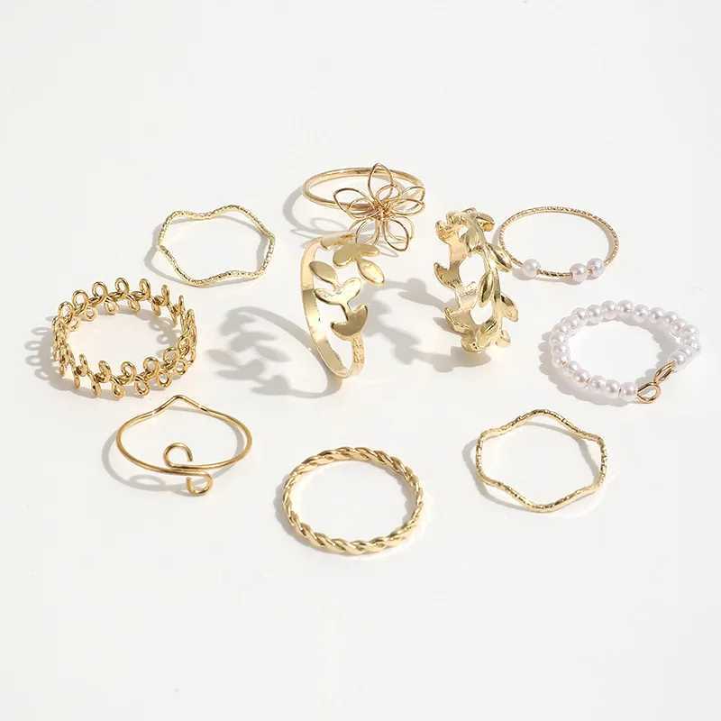 Bohemian style hollow flower wreath simple and smooth vines imitating pearl rings 10 piece setXJ250412
