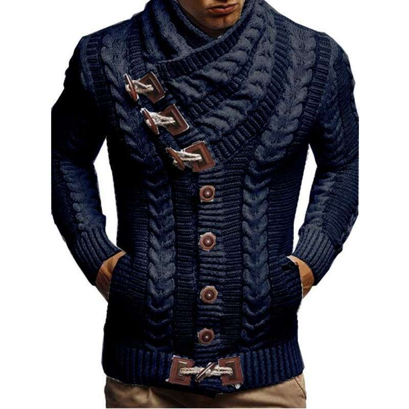 2025 New High Collar Horn Leather Button Knitted Fashion Cardigan Men's Sweater