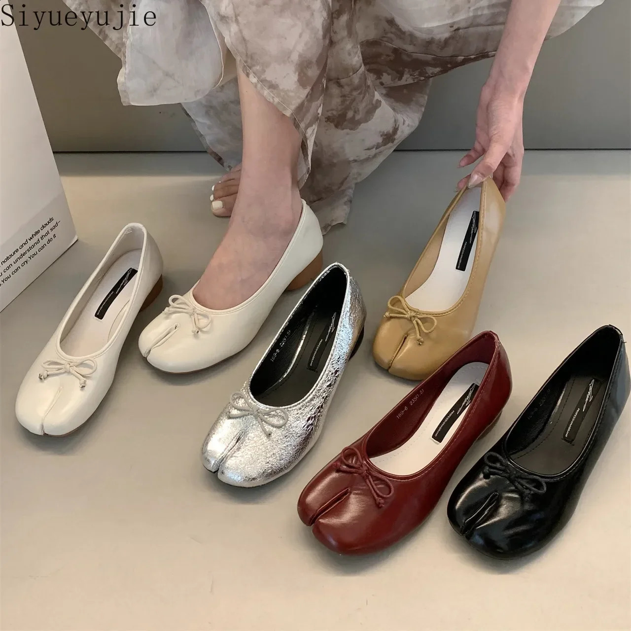Split Toe Ballerina Shoes Mary Janes Leather Ballerines Femme Chaussure Fashion Bow Women Red Ballet Flats 240904