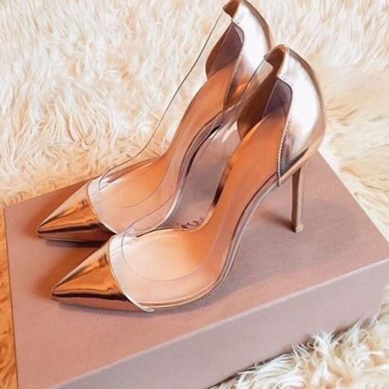 Sexy Patchwork PVC Transparent Stiletto Heels 12Cm Dress Pumps Shallow Pointed Toe Wedding Shoes Bride Gold Pink Blue