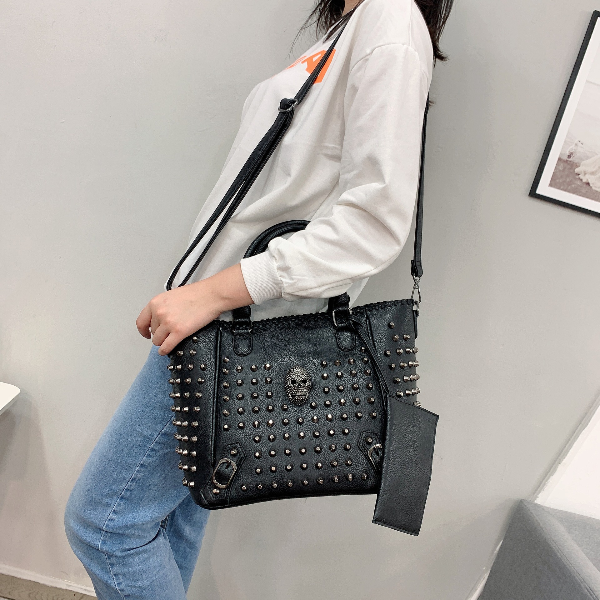 2025 Designer Style Studded Punk 3 Tote Street Wear Shoulder Bag, Halloween Skull Decor Handbags With Coin Purse Bag,