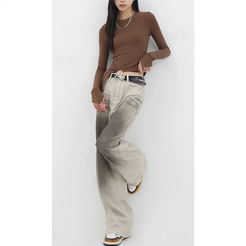 Fashion Vintage Red Straight Jeans Casual High Waist High Street Style Pants Korean Womens Wide Leg Baggy Y2K Denim Trouser 240821