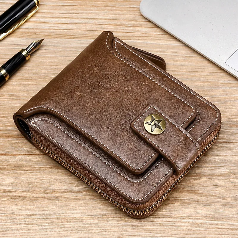 Retro Mini Mens Wallet Pu Leather Short Wallet Mens Buckle Zipper Clutch Solid Door Feuille Hommes Door Monnaie Homme ww 240914