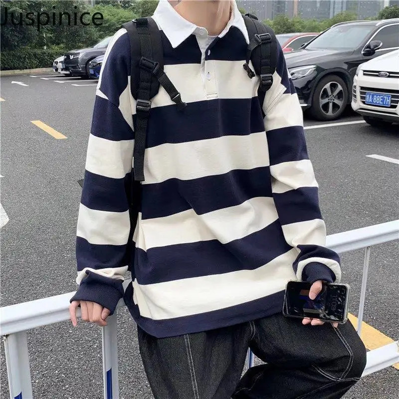 Spring Autumn Lapel Long Sleeve Striped POLO Shirts Fashion Mens Loose Casual High Street Personalized Shirt Male Clothes 240908