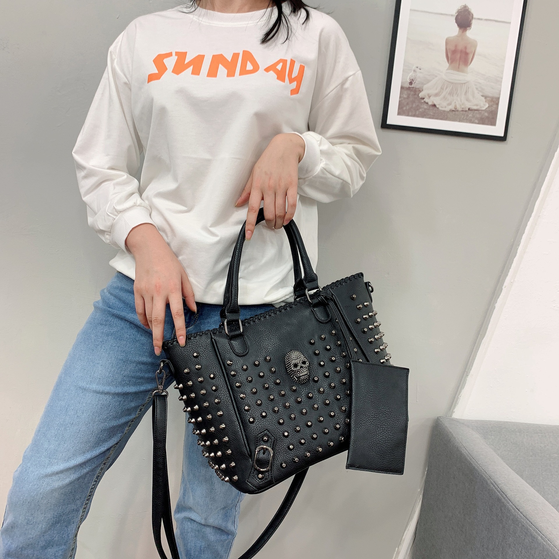 2025 Designer Style Studded Punk 3 Tote Street Wear Shoulder Bag, Halloween Skull Decor Handbags With Coin Purse Bag,