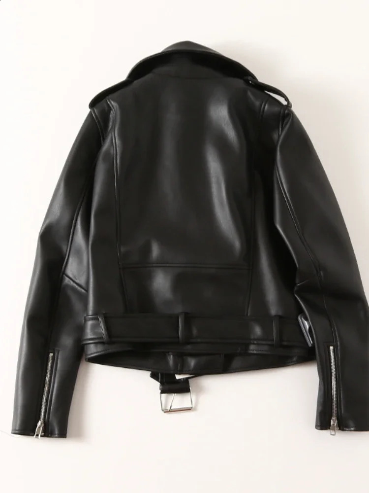 Womens black leather jacket spring and autumn collar short motorcycle womens ultrathin long sleeved street clothing artificial 240906