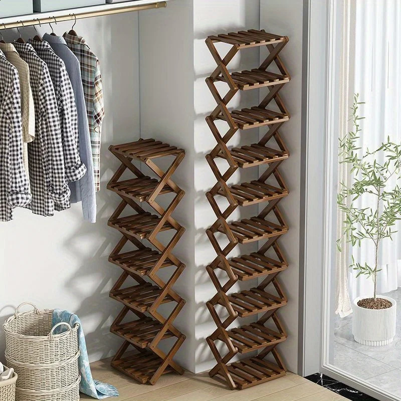 Folding Bamboo Shoe Rack Multi-Layer Narrow Space Saving Storage Organizer No-Installation Required Shoe Shelf for Small Spaces 240906