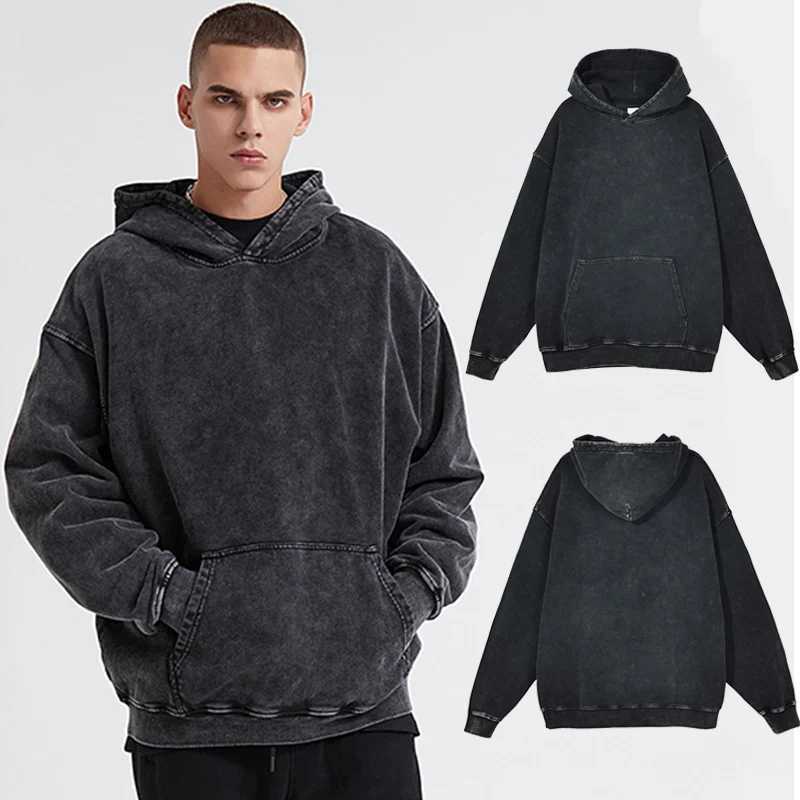 Designer Hoodie Vintage Black Acid Wash Cotton Hoodies for Men Women Spring Autumn Hooded Sweatshirts Casual Baggy Loose Fit Pullover Tops Z240909