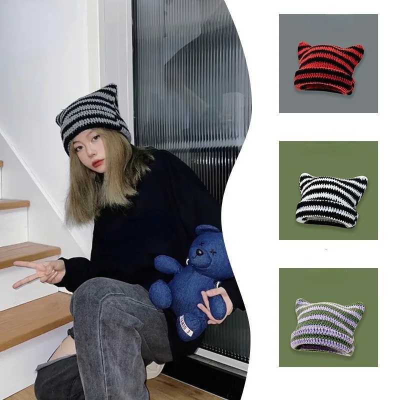 New Japanese streetwear Harajuku Beanie Little Devil Striped Knitted Hat with Girls Autumn Cute Cat Ear Hat X250212
