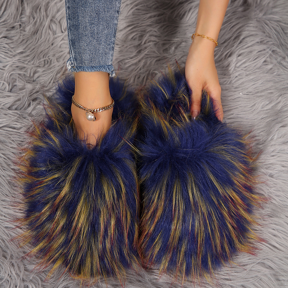 2024 new slippers for women's autumn and winter home with plush insulation, imitation fur anti slip cover, toe hair mop