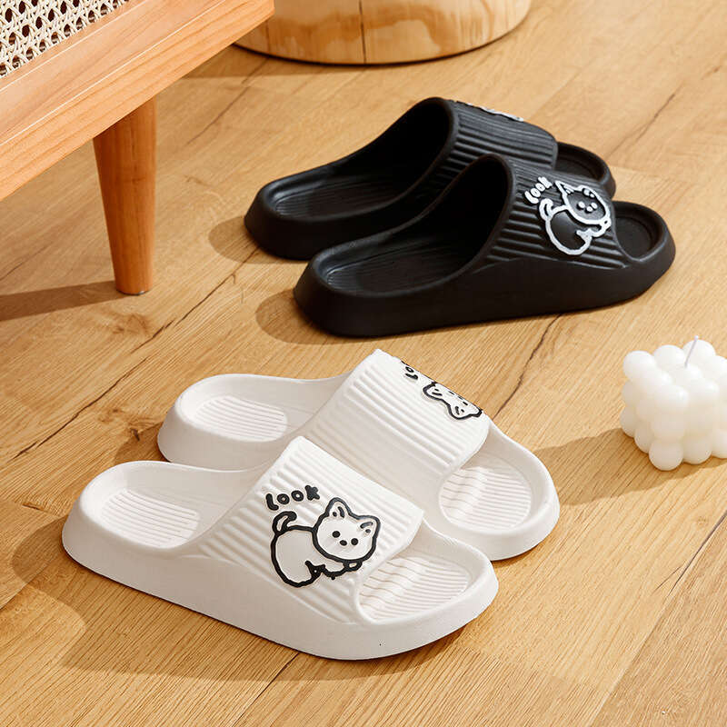 Cute Cartoon Kitten Women's Summer Slippers Indoor Bathroom Cloudy Soft Sole Non-Slip Leisure Comfort Couple Home Shoes 786