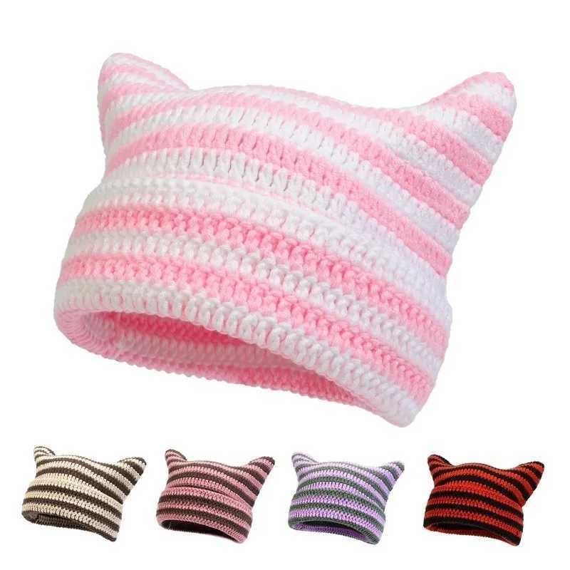 New Japanese streetwear Harajuku Beanie Little Devil Striped Knitted Hat with Girls Autumn Cute Cat Ear Hat X250212