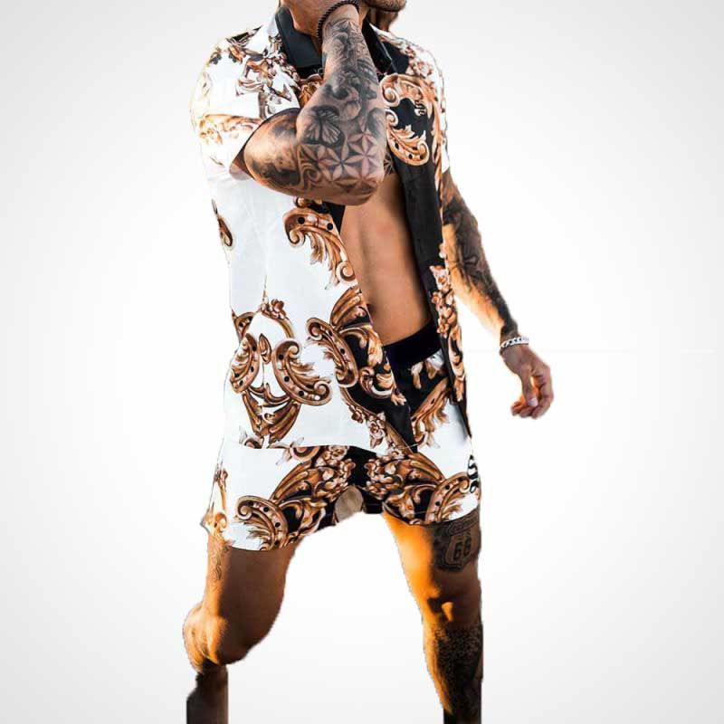 Mens Tracksuits Fashion Print Sets Short Sleeve Shirt+Shorts 2Pcs Suit Loose 2024 Summer Casual Beachwear Male Vacation Hawaiian Outfits