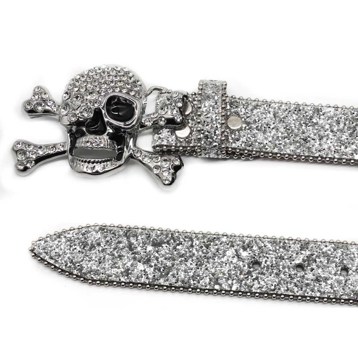 Womens Fashion Skeleton Rhinestone with Flash Stud Design Leather Diamond Belt Western Cowboy Dress W240909